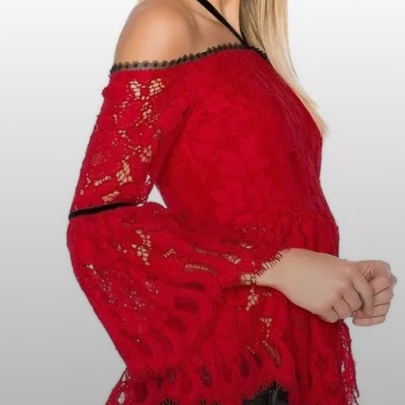 Alexis Red Lace Grace Whimsigoth Halter Blouse with Bell Sleeves - Picture 3 of 8